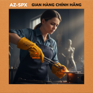 Blacksmith in a denim shirt and apron using tongs to forge metal, sparks flying in a workshop.
